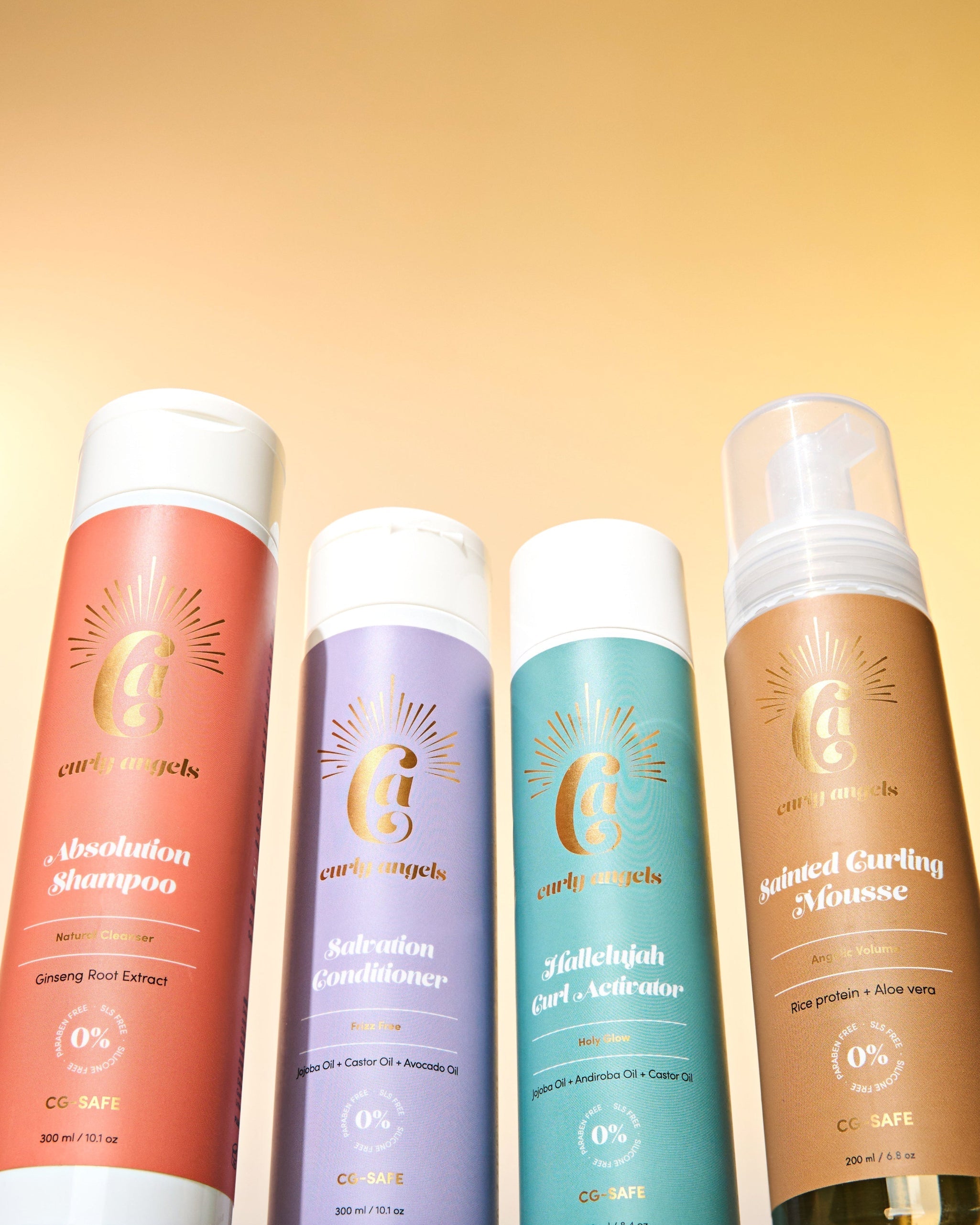 The Curly Angels Weightless set, four bottles against a golden backdrop- vegan haircare, cruelty-free