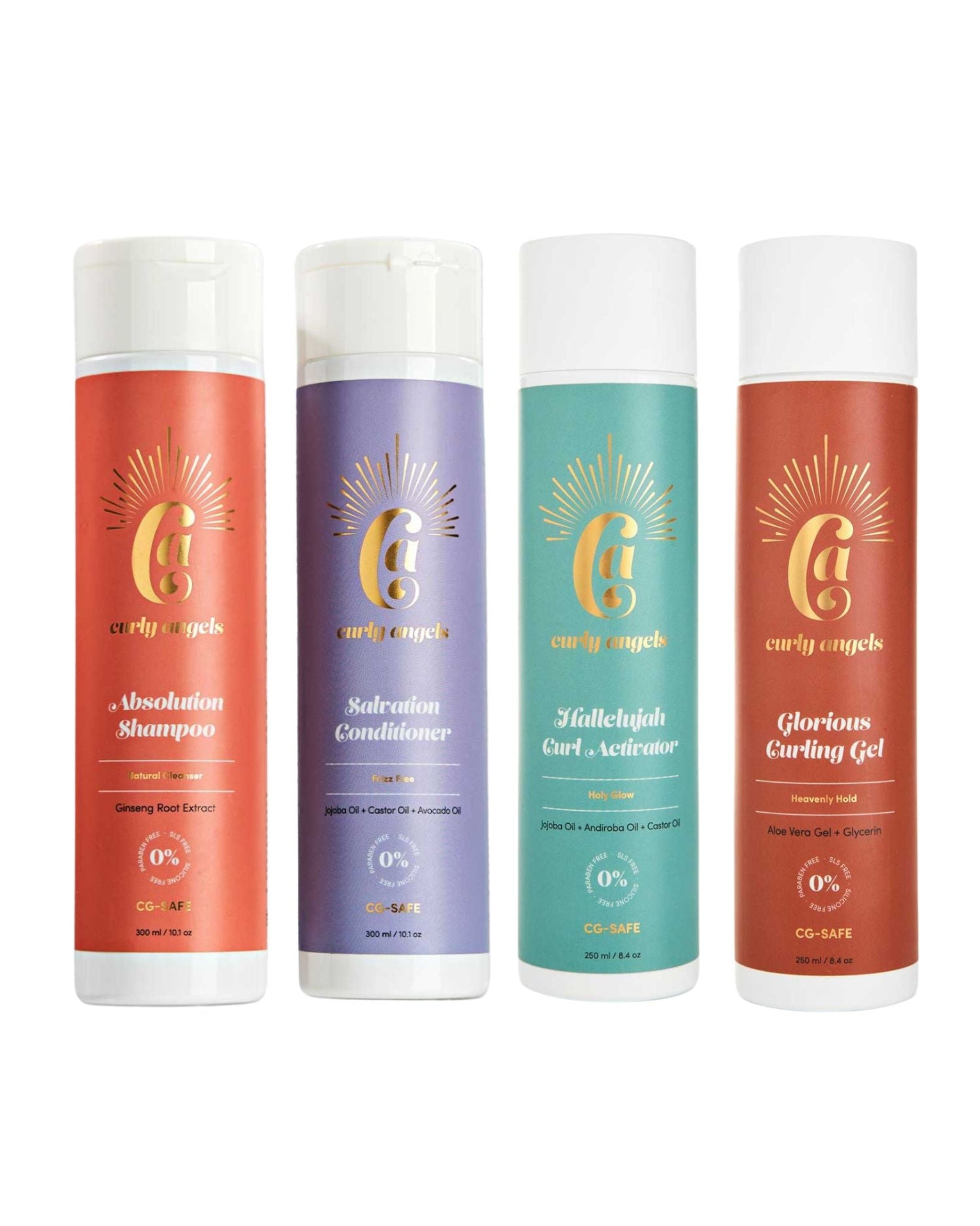The Curly Angels Classic Set, featuring Absolution Shampoo, Salvation Conditioner, Glorious Curling Gel. and Hallelujah Curl activator against a white background - vegan haircare, cruelty-free