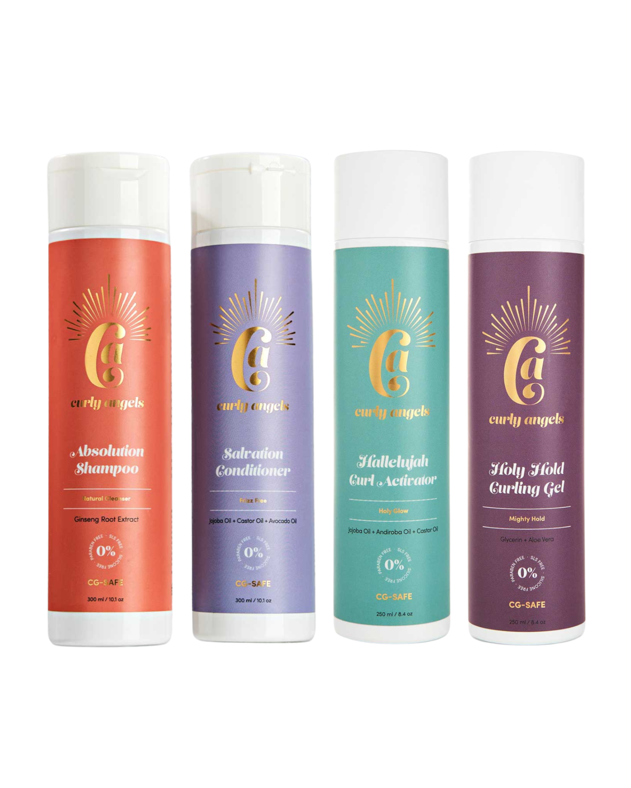 The Curly Angels Strong Hold Set, featuring Absolution Shampoo, Salvation Conditioner, Holy Hold Gel. and Hallelujah Curl activator against a white background - vegan haircare, cruelty-free