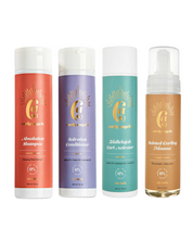 The Curly Angels Weightless Set, featuring Absolution Shampoo, Salvation Conditioner, Sainted Mousse. and Hallelujah Curl activator against a white background - vegan haircare, cruelty-free